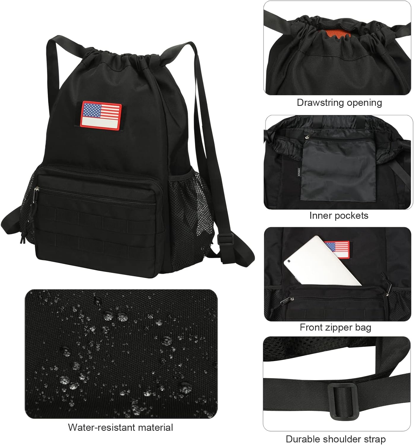 ATRIPACK Tactical Drawstring Backpack， Water-Resistant Swim Bag String Bag Sandproof Beach Backbag American Flag Cinch Sack Bookbag for Men Women Boys Girls Basketball，Swim， Gym， Sports (Black) - Image 5